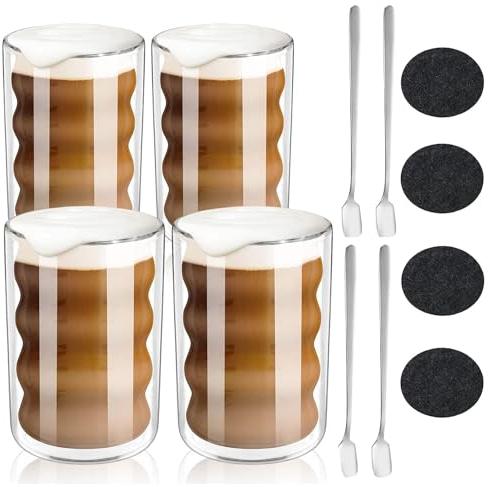 GARPROVM Tasse à latte macchiato, 450ml Verres à café à double paroi 4 Pcs, tasses à expresso tasses à capuccino verres à thé verre thermos en spirale, 4 cuillères + 4 sous-verres