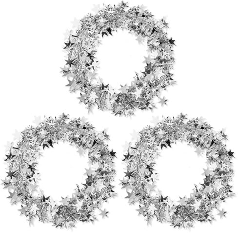 3 Rolle 7.5 m Stern Kranz, Sternen Lametta Girlande mit Draht Silber, Girlande Weihnachtsdekorationen, Hängende Deko Girlandes Weihnachten, DIY Weihnachtsgirlanden für Hochzeit Geburtstag Party