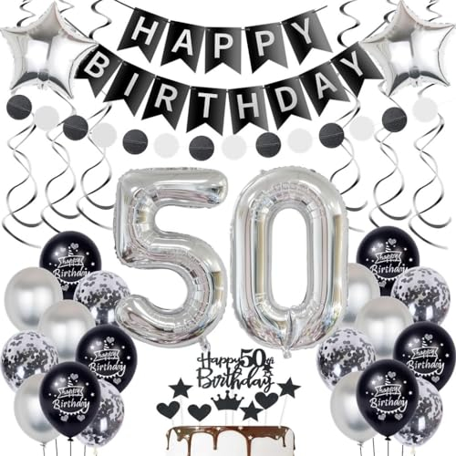 Silber Luftballon 50. Geburtstag Deko - Schwarz Silber Dekoration für Frau Mann - 50 Jahre Geburtstagsdeko - Party Ballons