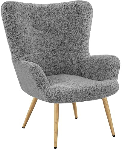 Yaheetech Fauteuil de Salon Siège Confortable en Tissu Bouclette Fauteuil Ergonomique avec Pieds en Métal à l'effet du Bois de Relaxation Chaise à Haut Dossier Enveloppant Gris/1