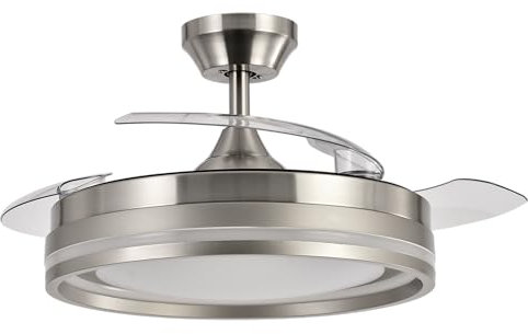 Abrila - Ventilador DC CERRATO | Color Níquel con tres Aspas Desplegables | con 6 Velocidades Ajustables | con 3 Temperaturas de Luz | Mando a Distancia Incluido