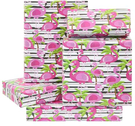 Pink Flamingo and Palm Tree with Black Strip on White Wrapping Paper, Tropical Flamingo Gift Wrap Paper Summer Hawaii Style 4 Sheets Folded Flat for Kids Boys Girls Birthday Wedding Baby Shower Party