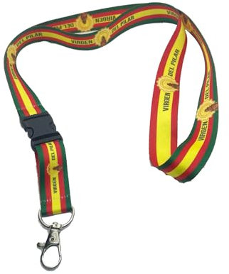 TARJA 73 Lanyard de tela unisex personalizado con la Virgen del Pilar y la bandera de España sobre fondo verde. Con llavero extraíble. Ideal para tarjeta de identificación. Llavero de cuello.