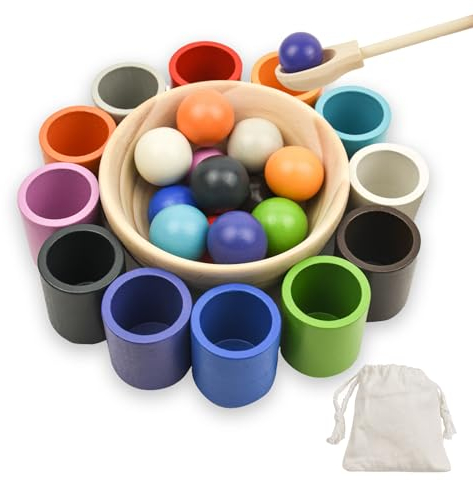 Coriver Jeu de Tri Montessori, Jouet Empilable en Bois, 12 Boules Jouet Montessori Jeu de Trieur, Jouet en Bois Balles dans des Tasses, Cadeau pour Les 3 4 5 Ans
