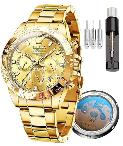 OLEVS Herren Automatikuhr Maschine Geschwindigkeitsmessung Timing Lünette Mechanische Uhr Wasserdicht und Leuchtend Kalender Woche Edelstahl Präzisionsband, Zifferblatt aus 6638-Gold, Klassisch
