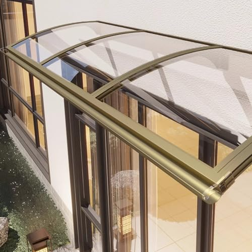 Überdachung Haustürvordach mit Regenrinne,Fenster Markisen Champagnergold Aluminium Bügel und Transparente Platte Polycarbonat Pavillion Türvordach Regenschutz Beständiger (80×550cm,Champagne Gold)