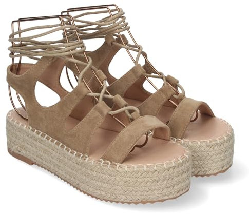 shoes&blues.es 85010 Sandalia de Mujer con Plataforma de Yute, Comodas y Elegantes, Tiras Cruzadas con Cordones, Pala y Talon Abierto, Ideales para Primavera-Verano. Taupe Talla 40