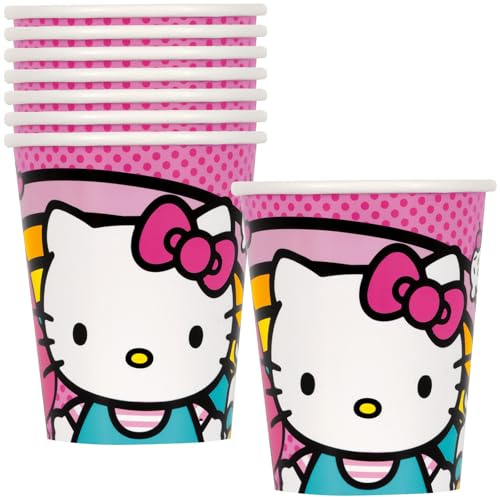 Unique Hello Kitty & Friends - Bicchieri di carta usa e getta, 255 ml, ideali per compleanni, feste e uso quotidiano, confezione da 8, colore: rosa e bianco