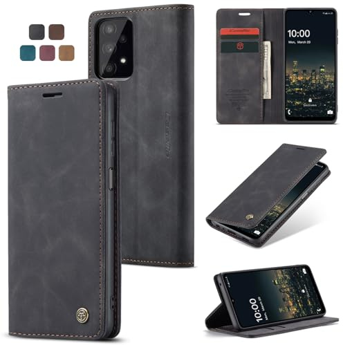 owlhold Hülle Samsung A32 5G klapphülle [Nicht für 4G] Premium Lederhülle Weiches Vintage-Nubukleder Faltbare Ständer Schutzhülle Kartenfach Standfunktion Handyhülle Samsung Galaxy A32 5G/M32-Schwarz