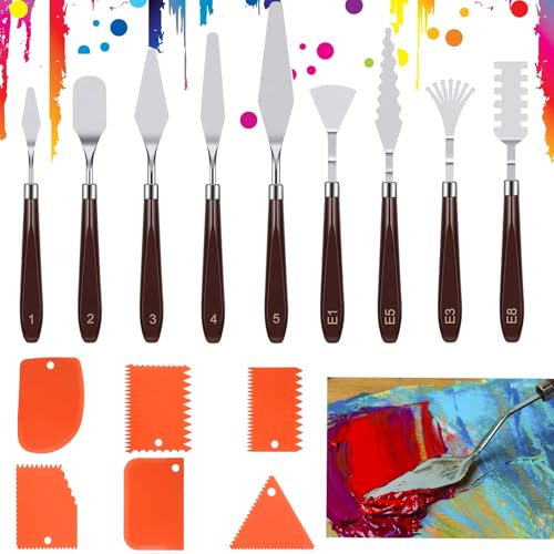 TOKSEO Juego de espátulas de 15 piezas, espátula de acero inoxidable de 9 piezas, herramienta de pintura con raspador de 6 piezas, espátula acrílica para pintura al óleo, gouache, acuarela, pintura