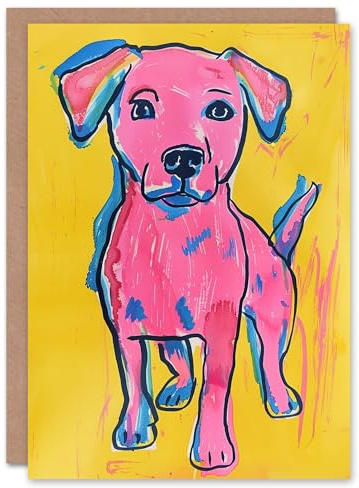 Artery8 Cute Puppy Pop Art Pink Yellow Blue Dog Lover Blank For Him Or Her Art Birthday Card