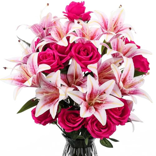 Hotop 20 Pcs Fake Lily and Rose Artificial Flowers Bouquent,Pink & Red