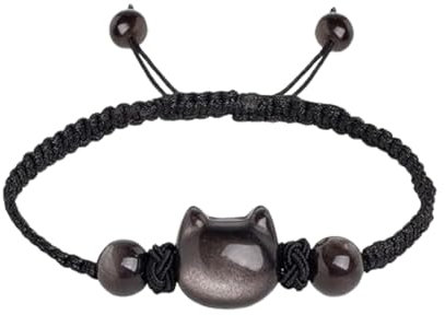 WATEFOER Katze Armband für Damen Männer, 8mm schwarz Obsidian Armbänder einstellbar Strecke Armband Katze Schmuck Geschenke für viel Glück Geld Attraktion (Zeichenfolge)