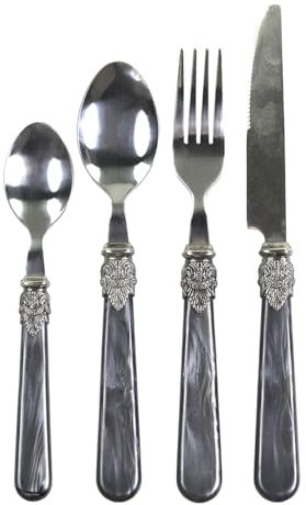 16 Piece Cutlery Set Vintage Style Stainless Steel Cutlery Set for 4 Knife and Fork Set - Four Place Settings of Knife, Fork, Table Spoon and Tea Spoon with Ornate Grey Handles