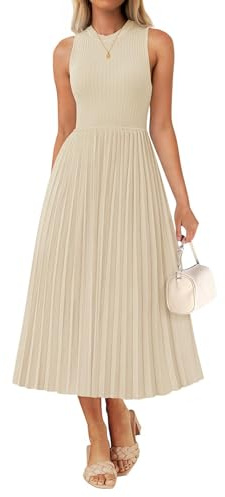 ZESICA Damen Sommer Ärmelloses Pullover Kleider 2026 Rundhalsausschnitt Gestrickt Plissiert A-Linie Fließend Business Formell Party Midi Kleid, aprikose, Groß