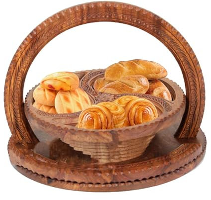 Generico de fruta tallada de madera hecha a mano - 4 particiones cesta de fruta plegable de madera decorativa - caja de aperitivos de madera para dulces, frutas, nueces