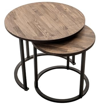 Industrial Living Table basse – Table de salon ronde – Bois de pin massif – Table d'appoint – Lot de 2 – Noyer – Cadre en métal – Noir