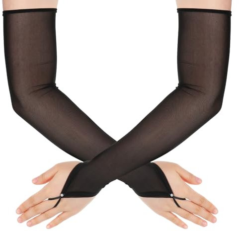 Long Fingerless Gloves, Black Sheer Gloves Mesh Tulle Glove Opera Glove Elbow Length sleeves Burlesque Outfits for Women Formal Tea Party Dress Dance Wedding Bridal Halloween (21inch)