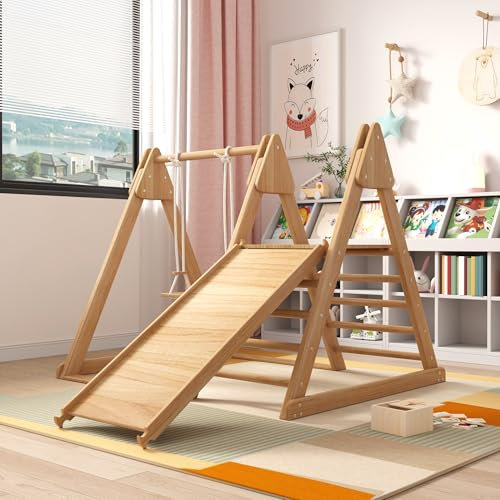 Rutsche und Schaukel für Kinder, Holzspielzeug für Kinder. Aus massiver Kiefer, Sperrholz. 3 in 1 Kinderspielzeug mit Klettergerüst, Schaukel, Rutsche, Kombispielzeug für drinnen