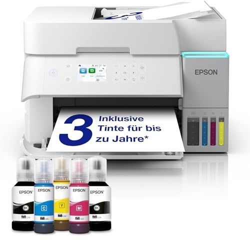 Epson EcoTank ET-3956 Weißer A4-Multifunktionsdrucker mit Wi-Fi & AirPrint Tintentank, automatischem Dokumenteneinzug, Duplexdruck, Scannen & Kopieren, bis zu 3 Jahre Tinte im Lieferumfang enthalten