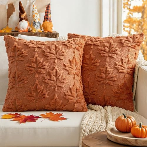 PASLFC 2er Set Herbst Dekoration Kissenbezüge, Plüschahornblatt Kissenbezug, 40x40 cm, Orange, Reißverschluss