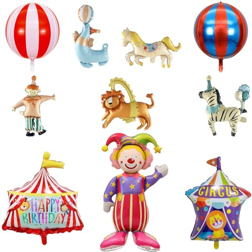 Zirkus Tiere Luftballons, Clown Folienballon Stehender, XXL Zirkuszelt Ballon, Karneval Deko Kinder Zirkuslöwen Zirkuszebra Seelöwenball Karussell Freizeitparkclown Ballon (Set Zirkus Luftballons)