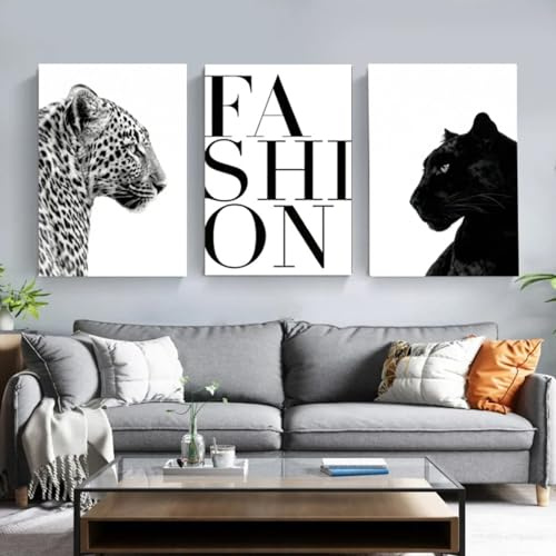Xiyocadt 3er Poster Set,Schwarz Weiß Tier Poster Dekoration, Lustiges Tierposter, Leoparden,Löwe,Tiger Wandkunst,Trendiger Druck für Wohnzimmer,Schlafzimmer,Badezimmer,Ohne Rahmen (50x70cm,Leopard)