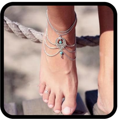Handcess Boho-Fußkettchen, mehrlagig, Silber, Türkis, Perlen, Fußschmuck, Barfuß, Sandale, Strand, Fußschmuck für Damen und Mädchen