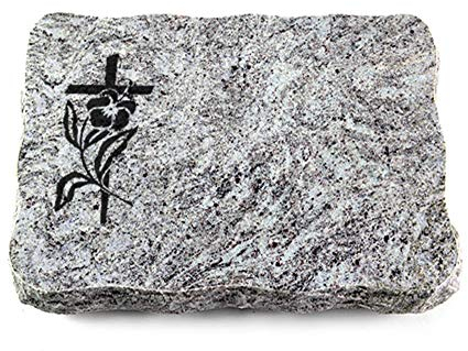 Wilhelmy Grabmale Grabplatte, Grabstein, Grabkissen, Urnengrabstein, Liegegrabstein Modell Pure 40 x 30 x 5 cm Marina Blue-Granit, poliert inkl. Gravur (Sandstrahl-Ornament Kreuz 3)