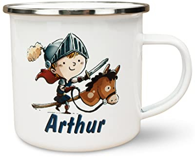Werbetreff Gera Emaille-Tasse mit Name & Motiv Ritter - Bedruckt & Personalisiert - Geschenk-Idee für Jungs - Vintage-Look - Retro-Optik