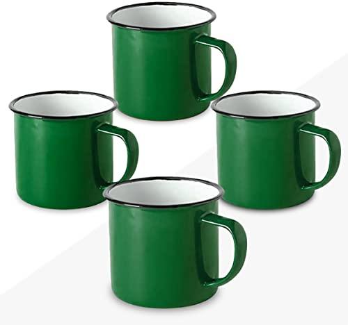 FUN FAN LINE - Set di tazze smaltate 350ml caffè/tè/calde/fredde, Tazze vintage da campeggio, picnic o viaggio, Design retrò colori pieni, Leggero, portatile e resistente. (Verde, 4 Tazze)