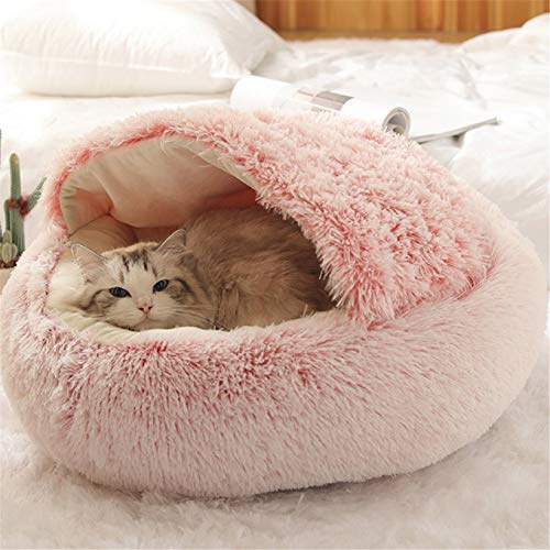 COJJ Lit Rond Moelleux pour Chat - en Peluche Douce - avec Capuche - pour l'hiver - Antidérapant - Lavable en Machine - Rose - 40 cm