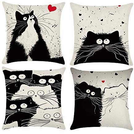 COWORK-UP 4er Set kissenbezüge 45x45cm Kissenbezug Niedliche Katzen Deko kissenhüllen für Schlafzimmer Wohnzimmer Büro Garten Sofa, Baumwolle Leinen Zierkissenbezug mit unsichtbarem Reißverschluß