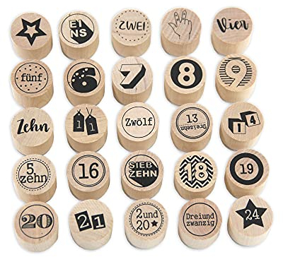 Frau WunderVoll® Stempel - Adventskalenderzahlen 1-24 Plus Stern aus Holz, Schrift- Motivgröße Ø 2,5 cm Weihnachten, Adventskalender, DIY,Motivstempel, Ministempel, Dekostempel, Advent