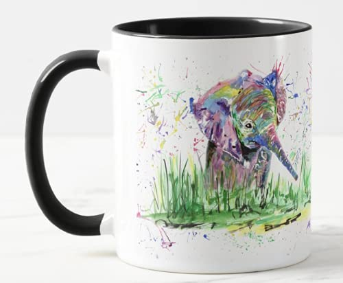 Vixar Elephant Watercolour Rainbow Art Coloured Mug Cup, Gift, Birthday, Work, Office, Christmas Tea Coffee (Black)