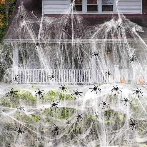 obqo Halloween Deko Spinnennetz 300g - Spinnweben Deko mit 50 Plastik Spinnen Spinnennetz Deko Dekoration Realistisch und Dehnbar für Outdoor Indoor Gardens Halloween Party Horror Deko
