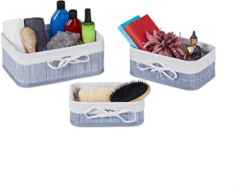 Relaxdays 12-TLG. Aufbewahrungskorb Set, Bambus, Stoffeinlage, eckige Aufbewahrungsbox für Regal & Schrank, 3 Größen, grau/Creme