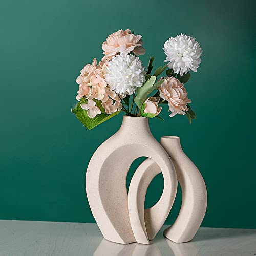 Liotww Keramikvasen für Heimdekoration, 2er-Set, cremefarbene Boho-kleine Blumenvase, minimalistische dekorative Moderne Donut-Vase für Bauernhaus, Wohnzimmer, Bücherregal, Couchtisch-Dekoration
