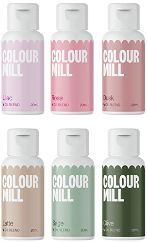 Colour Mill Oil Blend Set Botanical Lebensmittelfarben auf Ölbasis - Lebensmittelfarben: Purplec, Rose, Dusk, Latte, Sage, Olive - Food Coloring für Tortendeko - Set/6