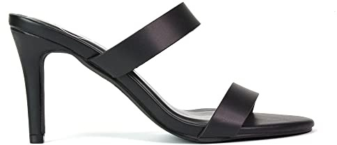 Womens Slip On Sandals Ladies Stiletto Mid High Heel Double Strap Black Mule Shoes Size 6