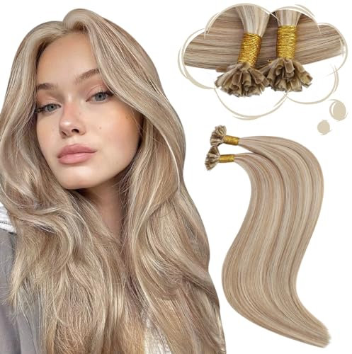 Moresoo Bondings Extensions Echthaar 35 cm Keratin Hair Extensions #P14/613 Erdbeerblond Gemischt mit Platinblond Keratin Bonding Extensions Echthaar 50 Stränge 40g/Pack