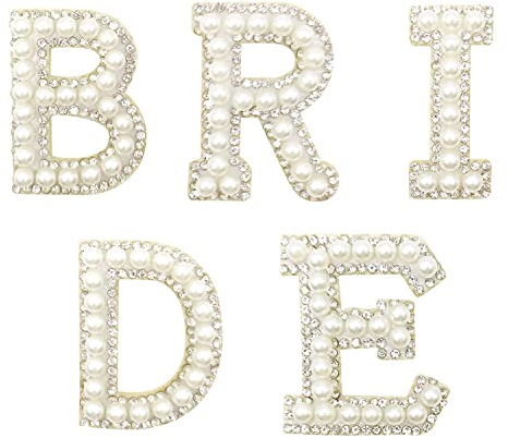 CHEERYMAGIC Rhinestone Iron on Patches,5PCS Bride Rhinestone Iron On Pearl LetterPatches Iron On Pearl Letter Sew On Letters Patches for Clothes Hat Art Project A4-XNTT (White)