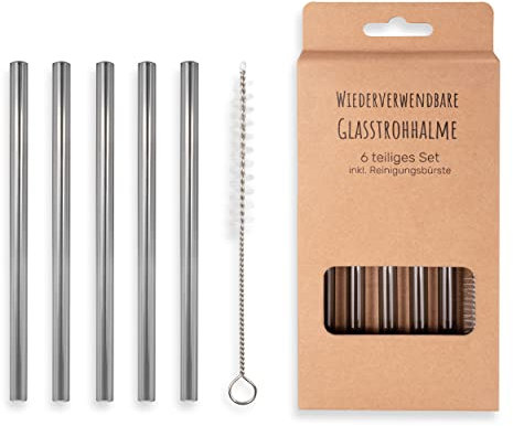 CEY Glasstrohhalme| wiederverwendbar| Trinkhalm| gerade und gebogene Strohhalme| Spülmaschinenfest| inklusive Reinigungsbürste| 20cm –12cm (Grau, 5 Stück | +Bürste | 15cm)