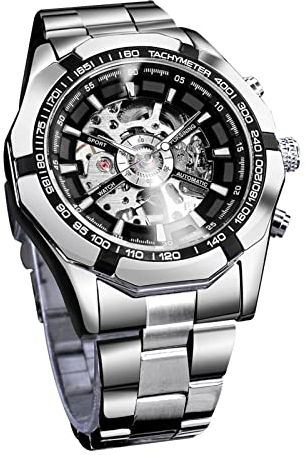 FORSINING Reloj mecánico para hombre, esfera azul esqueleto, acero inoxidable, impermeable, cuerda manual, luminoso, deportivo, para hombre, Plata y negro., pulsera