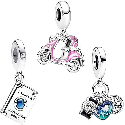 Doyafer 925 Sterling Silver Travel Series Charm Set Passport Camera Motorcycle Pendant suitable for women's bracelets Birthday gift 3-Piece/Package