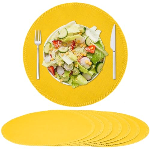 Rinpon Runde Tischsets aus Stoff, rustikales Leinengewebe, maschinenwaschbar, hitzebeständig, knitterfrei, Dickes Polyester, Küchen-Tischsets für den Esstisch (Gelb, 8 Stück)