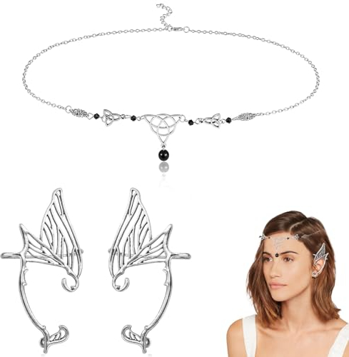 Hifot Boho Kopfkette Schmuck Damen, Elfen Kopfschmuck Schwarzer Kristall Kette Haarschmuck für Frauen und Mädchen, Flügel Elfen Ohren Manschette Ohrringe, Haarschmuck Festival Accessoires Hochzeit