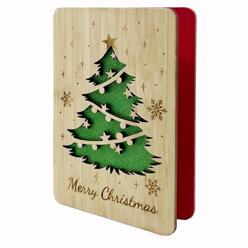 Della Stella 2025 Wooden Merry Christmas Card with Envelopes,Unique Xmas Tree Greeting Card Gift for Wife,Family & Friends