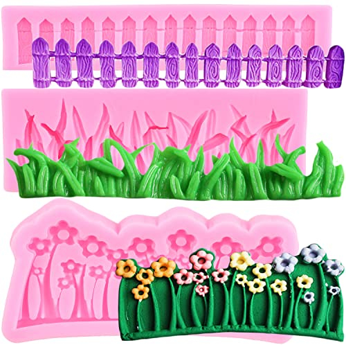 RFGHAC Green Grass Garden Picket Fence Silicone Fondant Mould Flower Silicone Mould for Cake Decorating Cupcake Topper Chocolate Gum Paste Candy Polymer Clay Set of 3