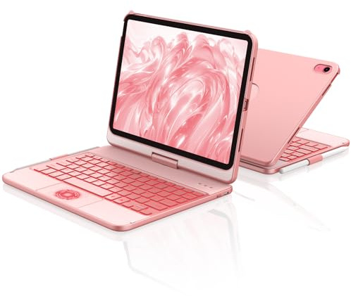 aMZCaSE Clavier pour iPad 10/11 Ème Gen(10.9Pouces 2022/11 A16 2025) avec Housse de Protection Rotative à 360° Porte-Stylet étui Clavier Rétroéclairé 7 Couleurs rétro-éclairé Français (Or Rose)